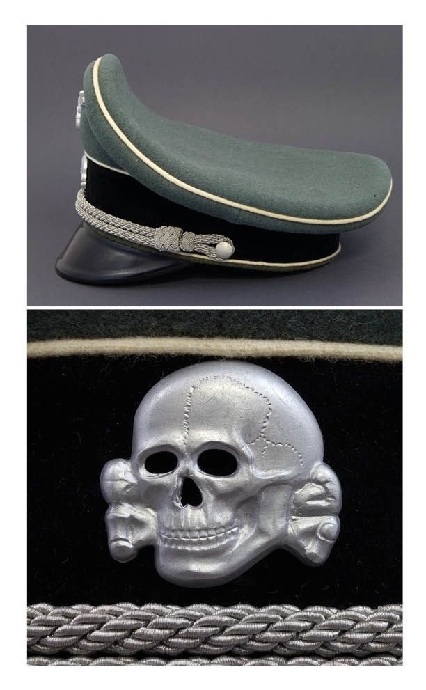Page showing an SS Officer's Visor Cap from the side and a close-up picture of the skull.