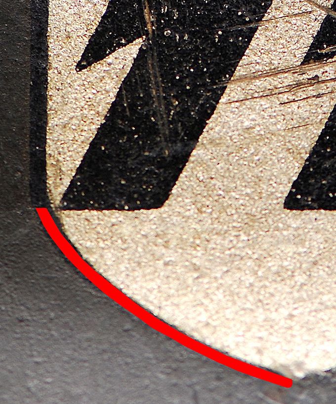 Notice the round shape of the bend that differs from the sharp bend at C.A. Pocher and Quist decals. The picture above shows the smooth line that goes from the bend to the end tip of the shield. 
